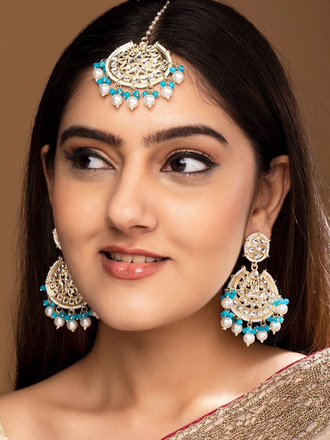 

Rubans Gold Toned Blue & White Hangings Earrings & Maang Tikka Set