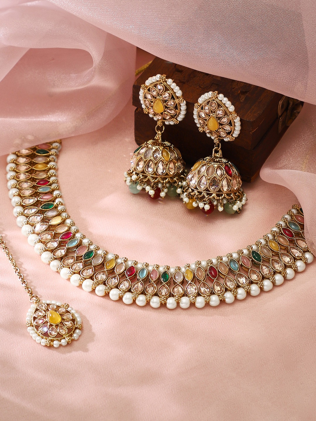 

Rubans Gold Plated Handcrafted AD & Multicolor Stone Studded Necklace Set