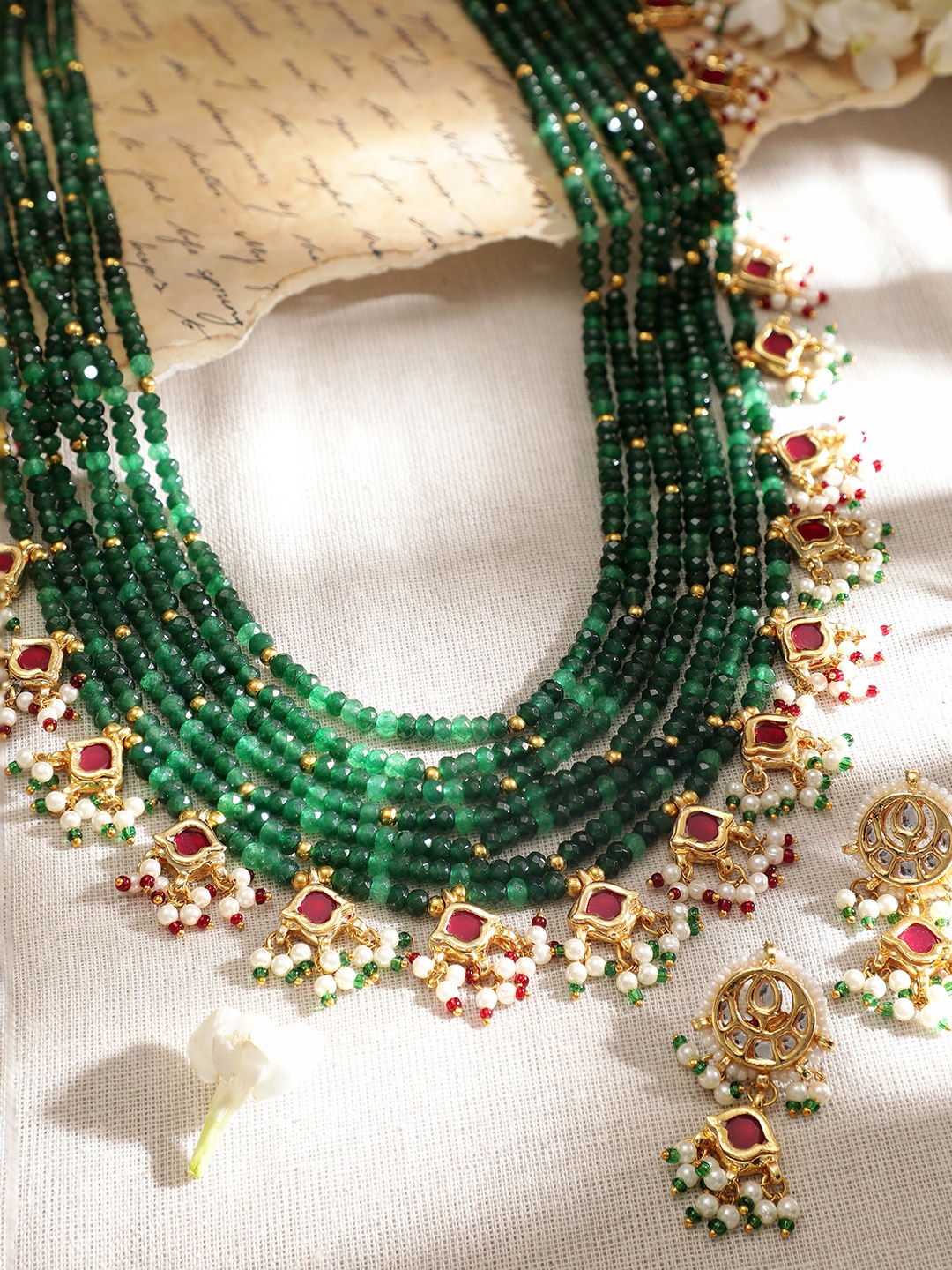 

Rubans Gold & Green Kundan & Ruby Emerald Multi String Necklace Set