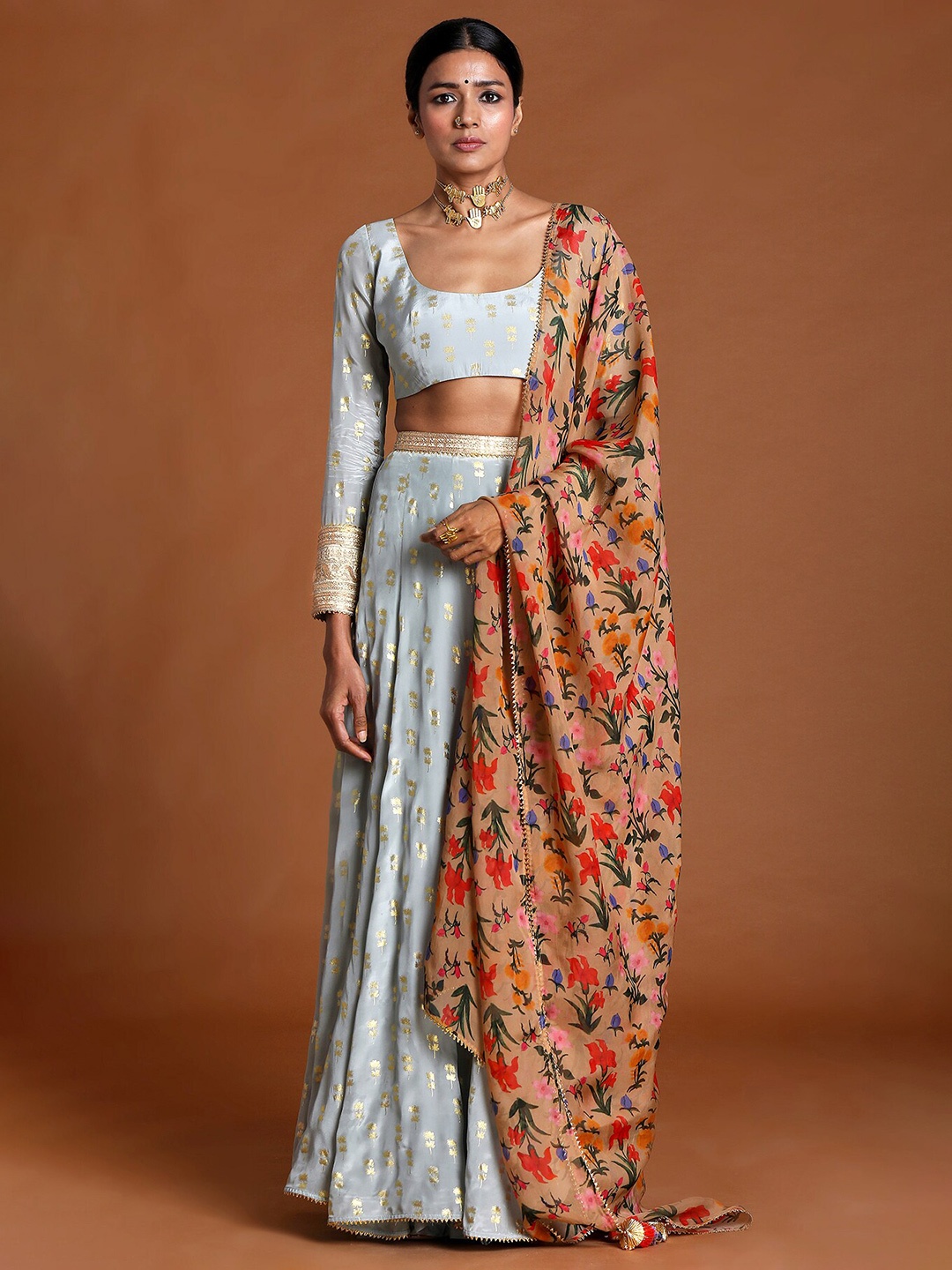 

Masaba Grey & Brown Printed Ready to Wear Lehenga & Blouse With Dupatta