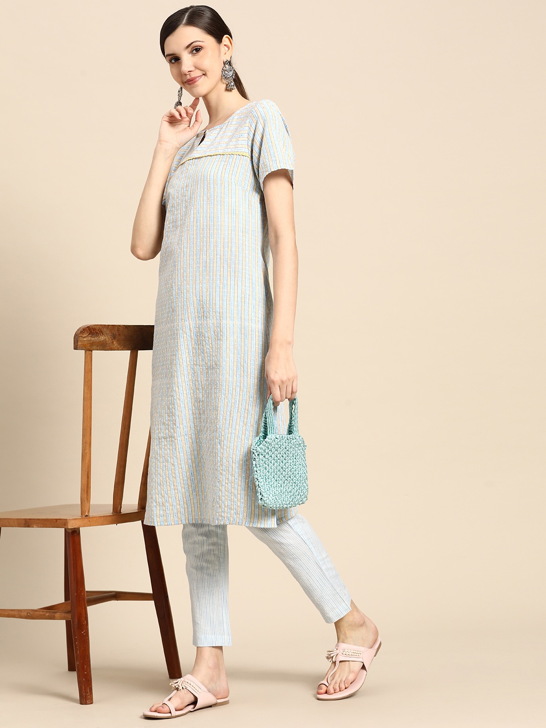 

Sangria Women Blue & Beige Striped Kurta with Trousers