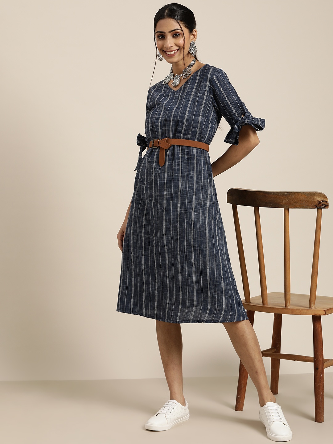 

Sangria Women Navy Blue & White Striped A-Line Dress