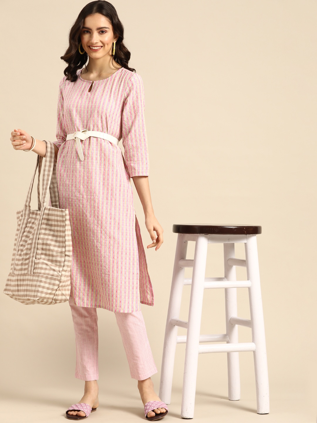 

Sangria Women Pink & White Striped Kurta with Trousers