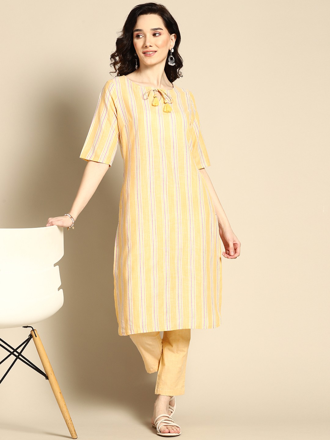 

Sangria Women Yellow & White Striped Kurta with Trousers