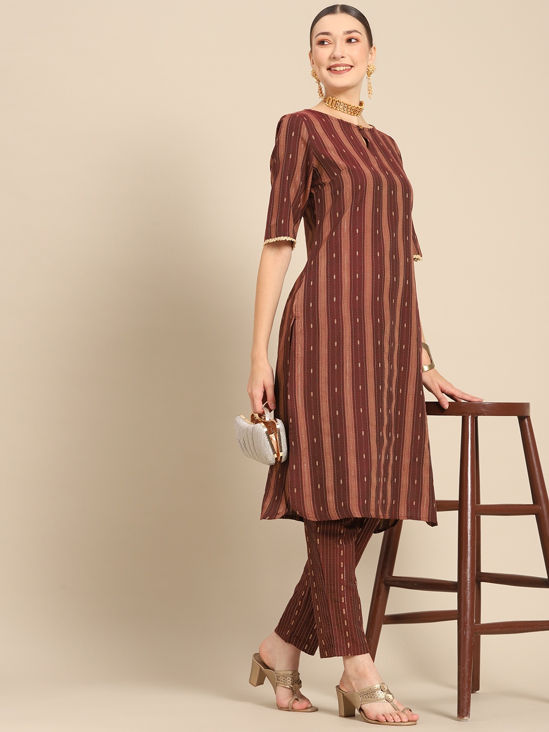 

Sangria Women Maroon Embroidered Thread Work Kurta with Trousers