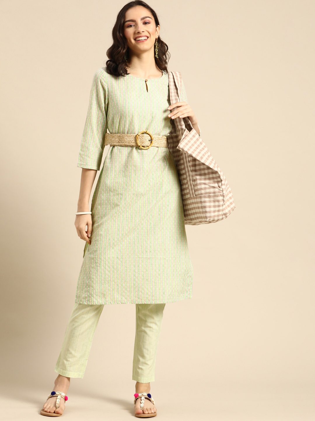 

Sangria Women Green & White Striped Kurta with Trousers