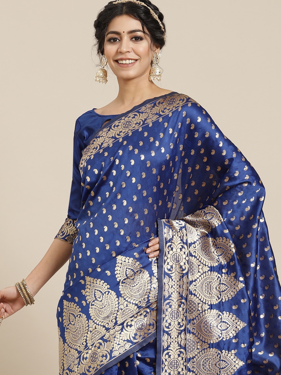 

Mitera Blue Woven Design Zari Silk Blend Kanjeevaram Saree