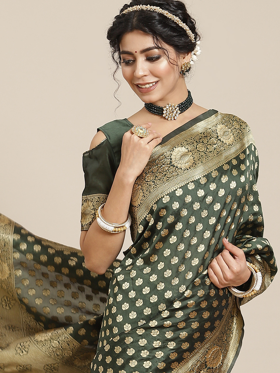 

Mitera Green Woven Design Zari Silk Blend Dharmavaram Saree