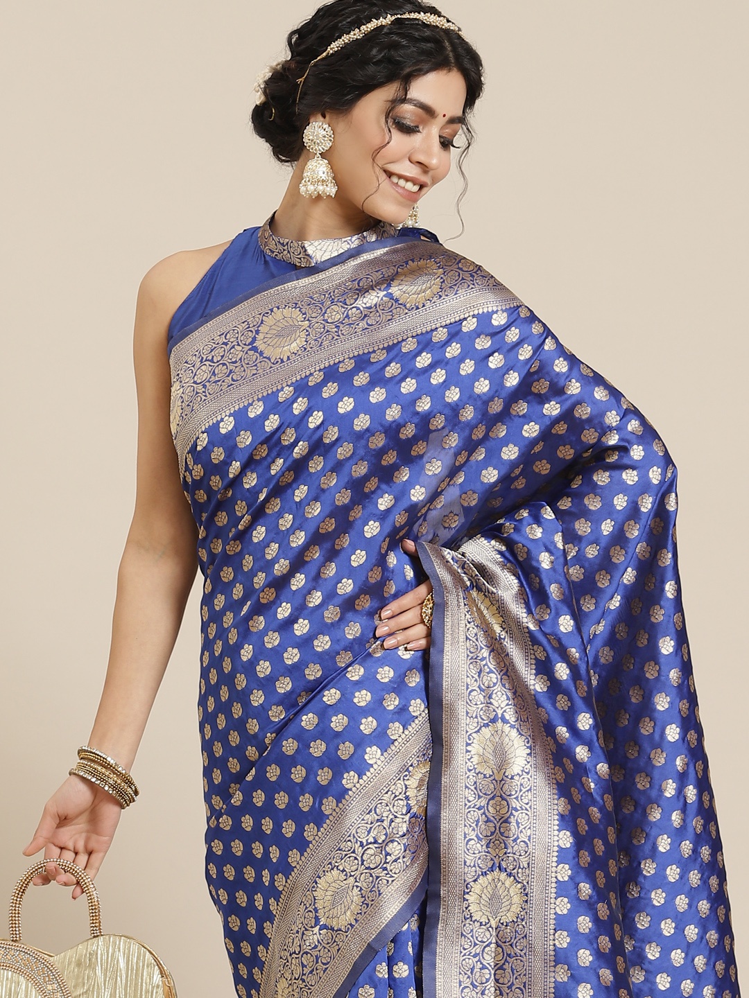 

Mitera Blue Woven Design Zari Silk Blend Dharmavaram Saree