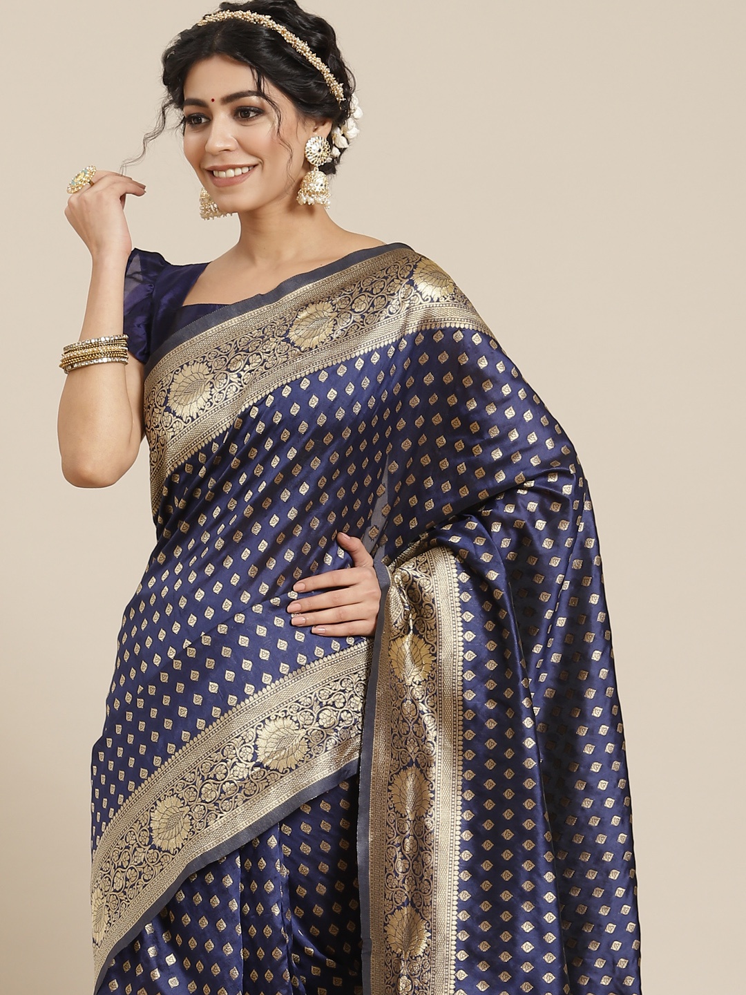 

Mitera Navy Blue Woven Design Zari Silk Blend Dharmavaram Saree