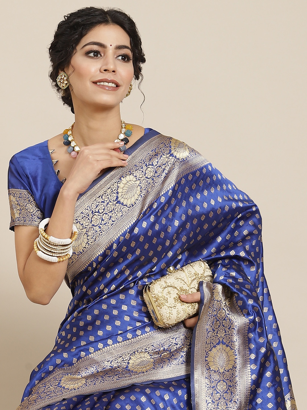 

Mitera Blue Woven Design Zari Silk Blend Dharmavaram Saree