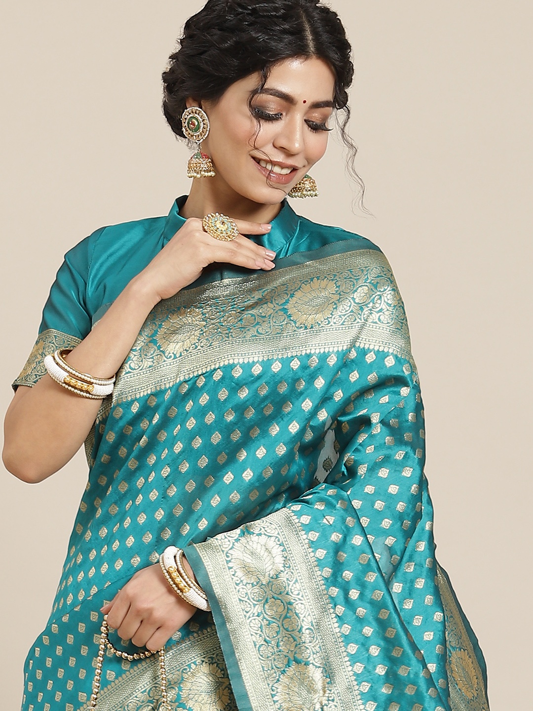 

Mitera Turquoise Blue Woven Design Zari Silk Blend Dharmavaram Saree