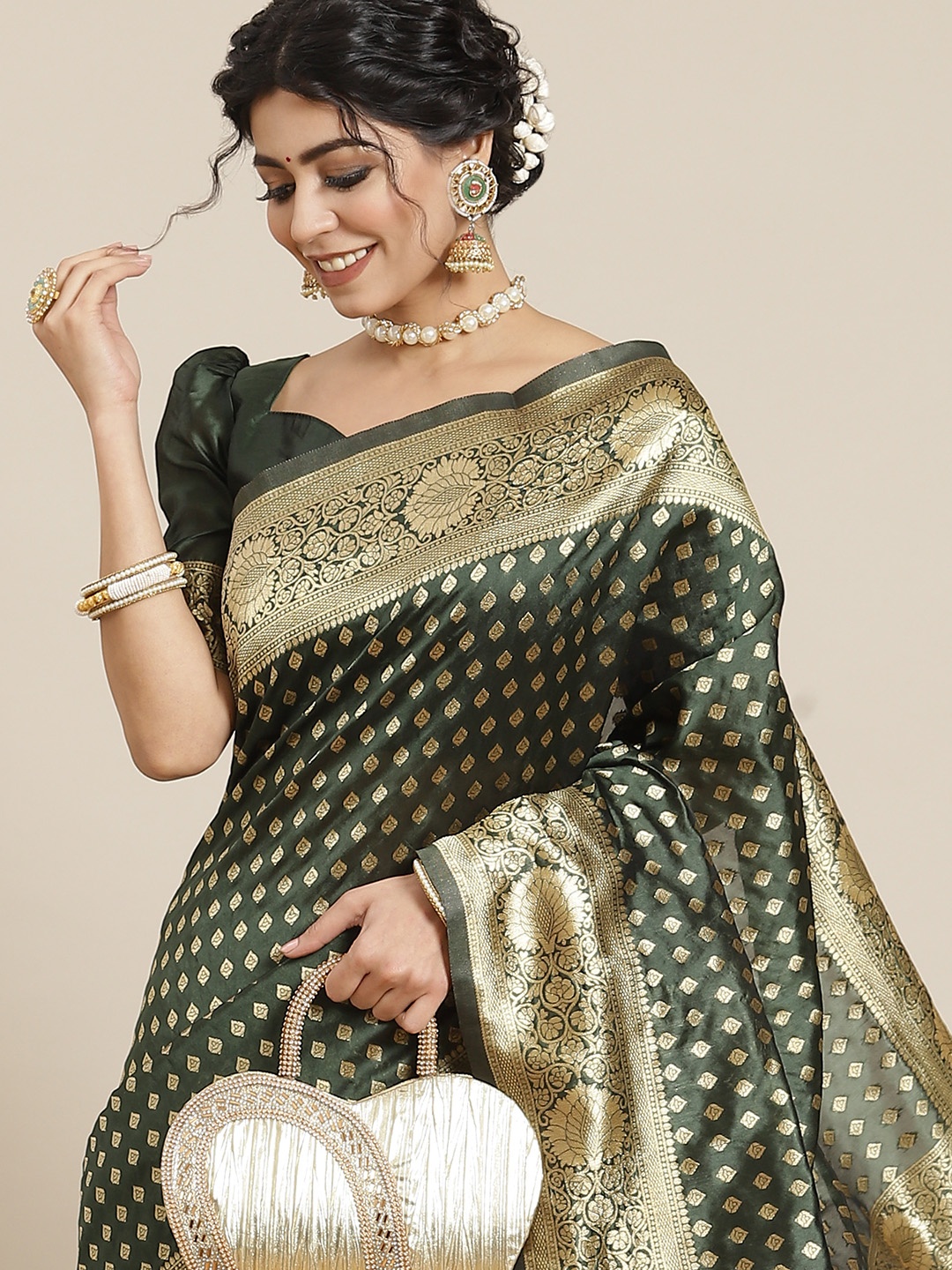 

Mitera Green Woven Design Zari Silk Blend Dharmavaram Saree
