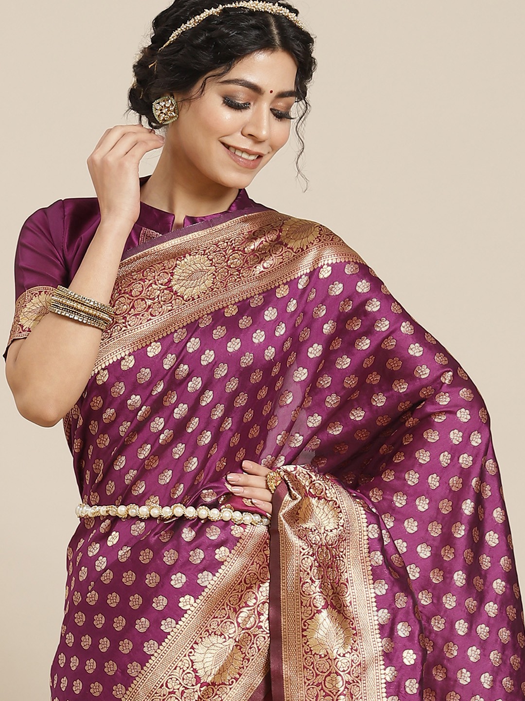 

Mitera Purple Woven Design Zari Silk Blend Dharmavaram Saree