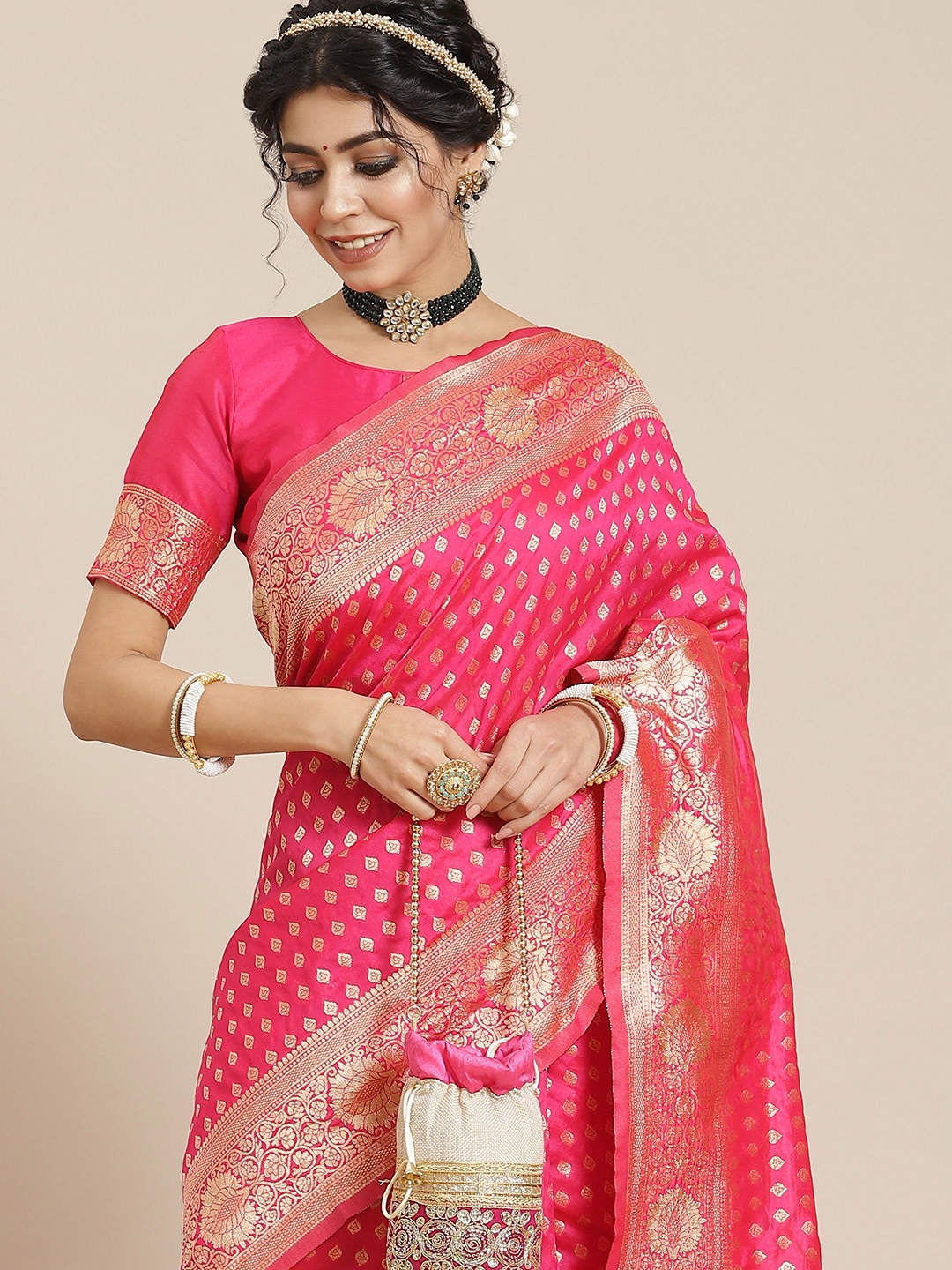 

Mitera Pink Woven Design Zari Silk Blend Dharmavaram Saree