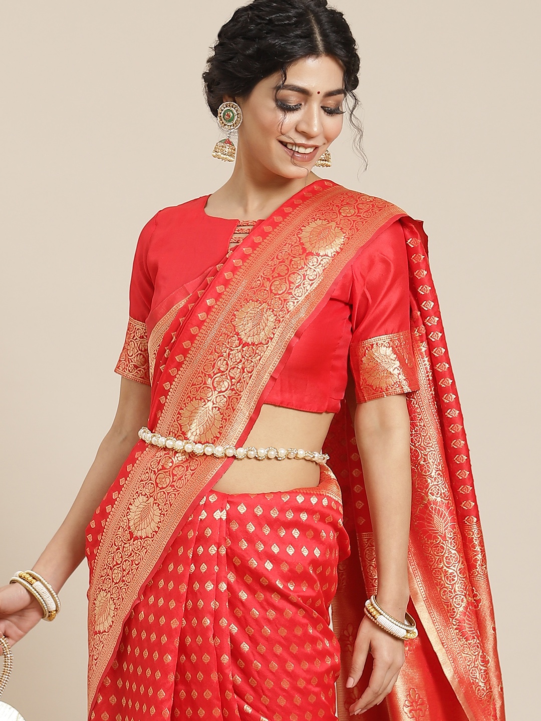 

Mitera Red Woven Design Zari Silk Blend Dharmavaram Saree