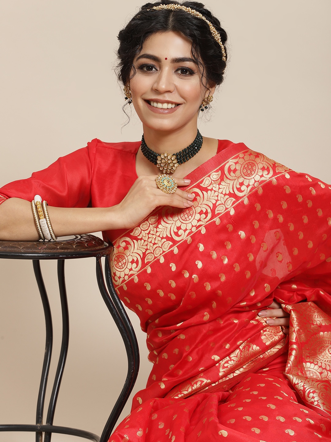 Mitera Red Ethnic Motifs Zari Kanjeevaram Saree