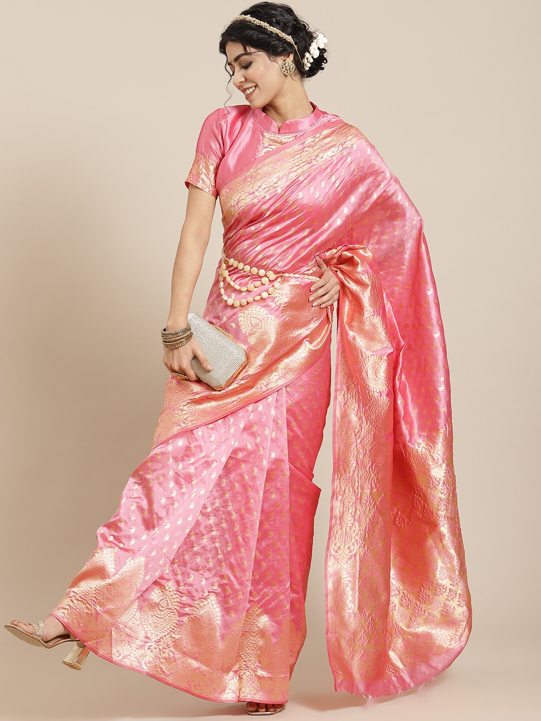 

Mitera Pink Woven Design Silk Blend Kanjeevaram Saree