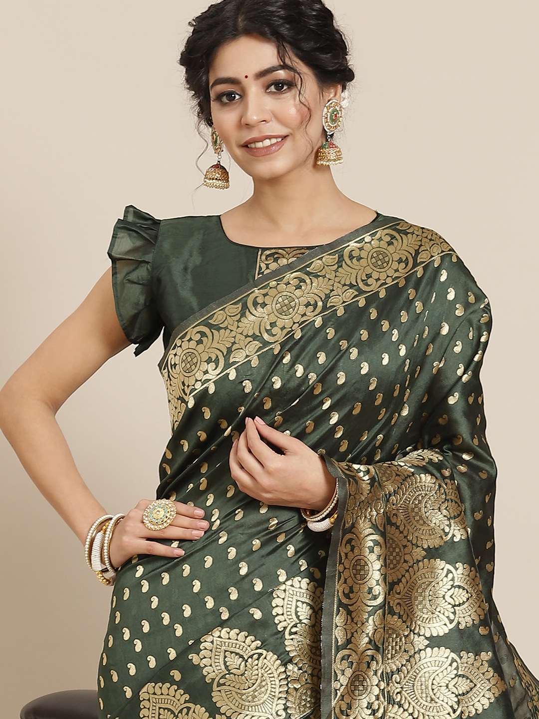 

Mitera Green Ethnic Motifs Zari Silk Blend Kanjeevaram Saree