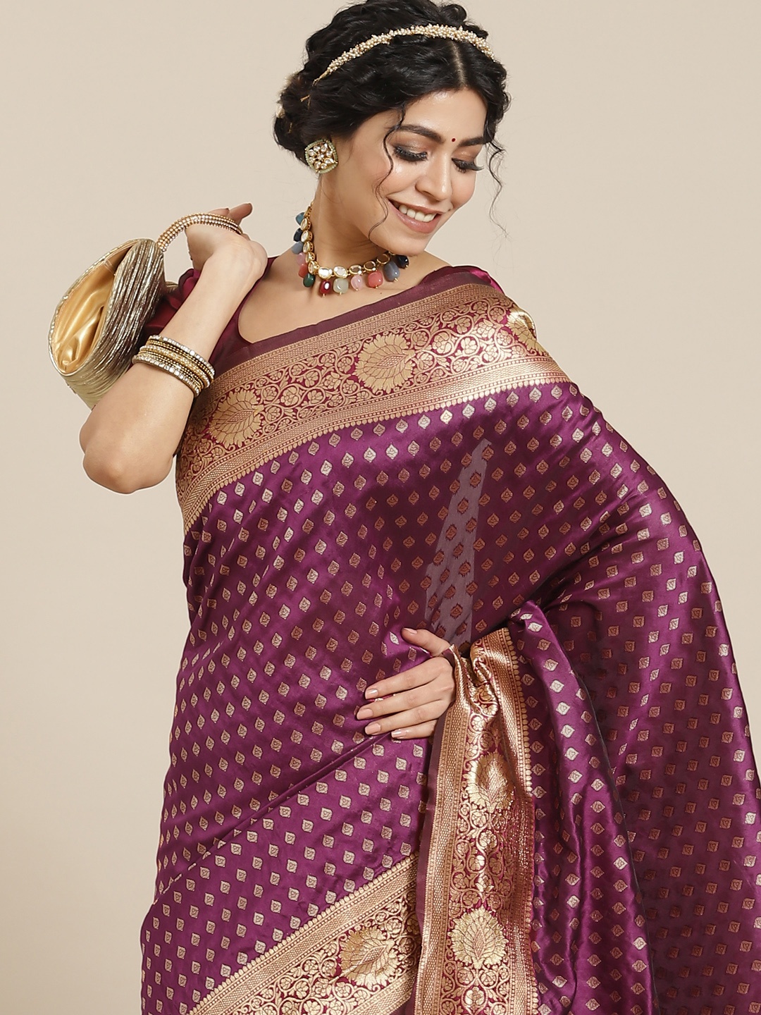 

Mitera Purple Woven Design Zari Silk Blend Dharmavaram Saree