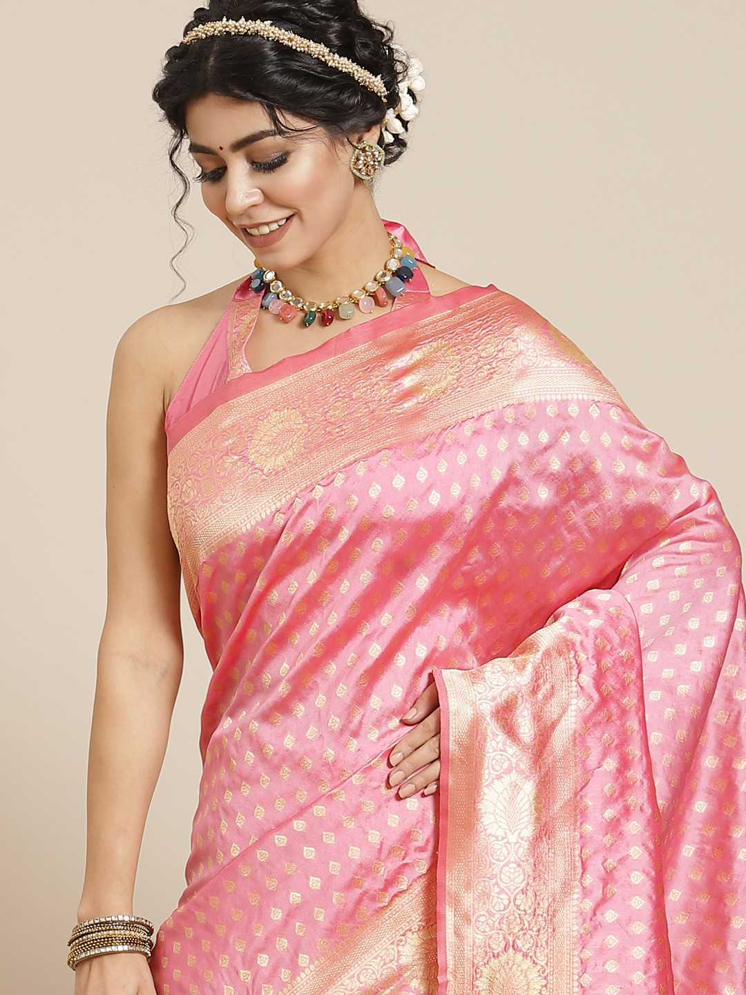 

Mitera Pink Woven Design Zari Silk Blend Dharmavaram Saree