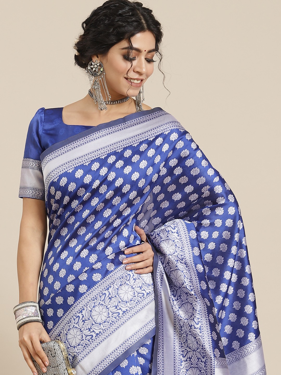 

Mitera Blue Woven Design Zari Silk Blend Banarasi Saree