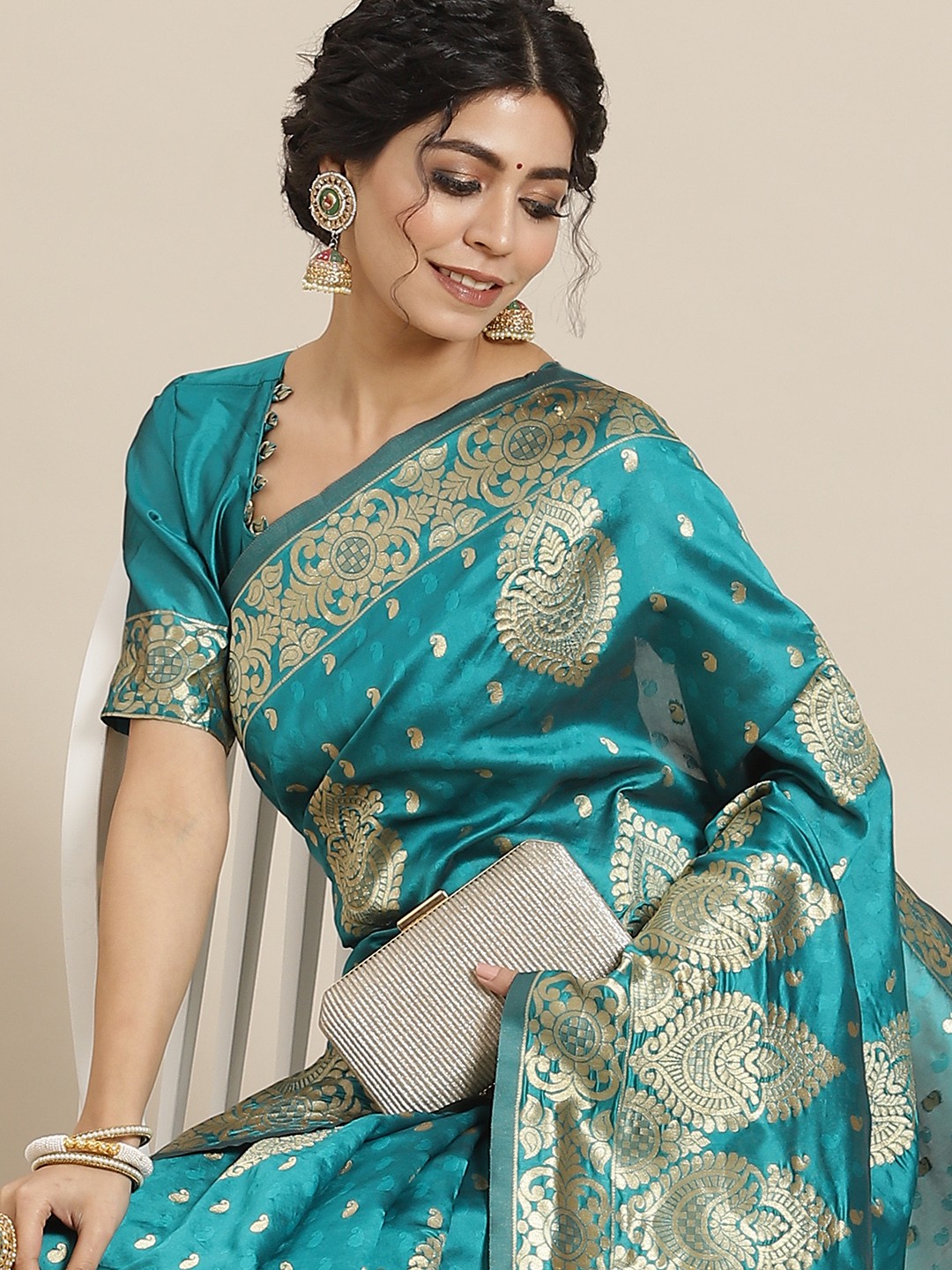 Mitera Turquoise Blue Ethnic Motifs Zari Silk Blend Mysore Silk Saree