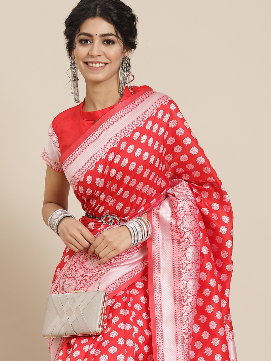 

Mitera Red Woven Design Zari Silk Blend Banarasi Saree