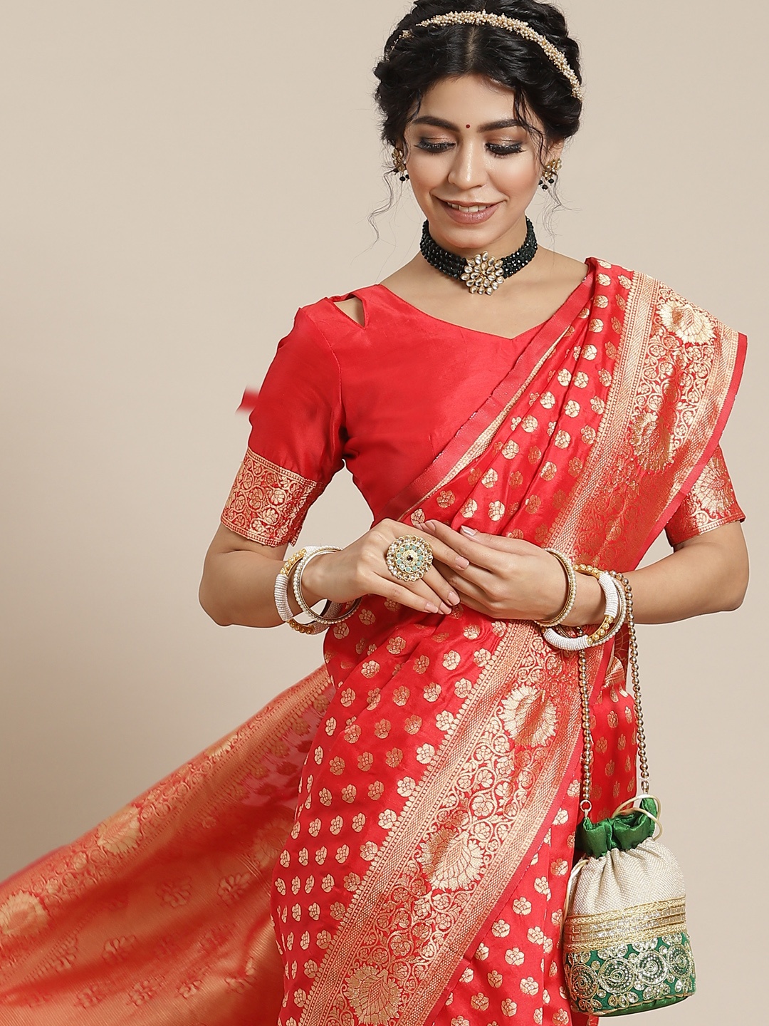 

Mitera Red Woven Design Zari Silk Blend Dharmavaram Saree