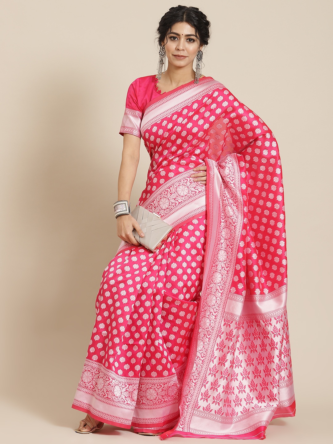 

Mitera Pink Woven Design Silk Blend Banarasi Saree