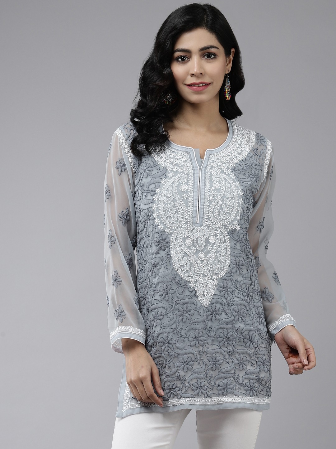 

ADA Women Grey & White Ethnic Motifs Chikankari Embroidered Handloom Handloom Kurti With Slip