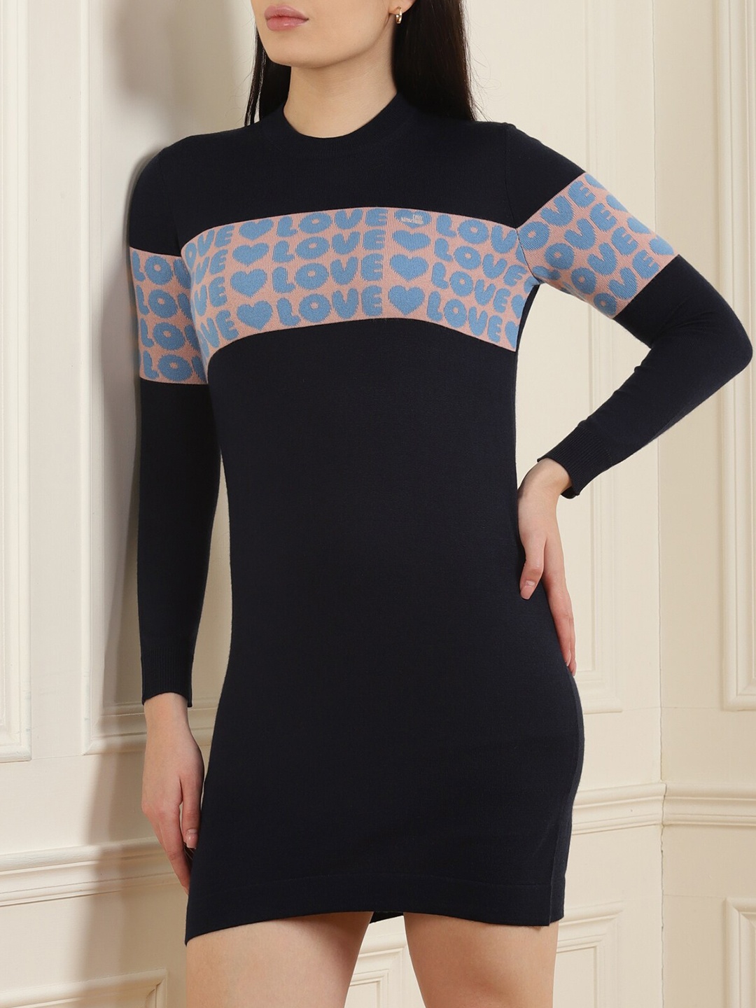 

LOVE MOSCHINO Women Navy Blue Printed Sweater Dress