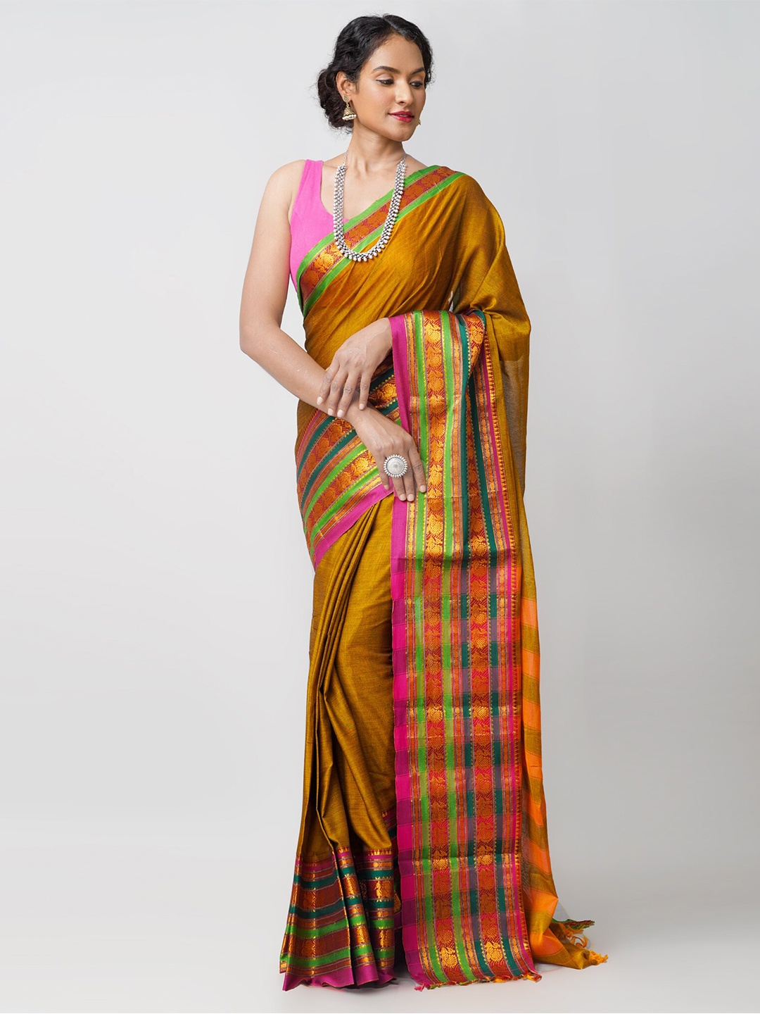 

Unnati Silks Brown & Pink Woven Design Pure Cotton Narayan Peth Saree