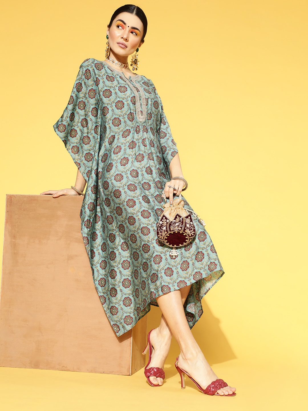 

Libas Women Stunning Blue Ethnic Motifs New Age Kaftan Dress