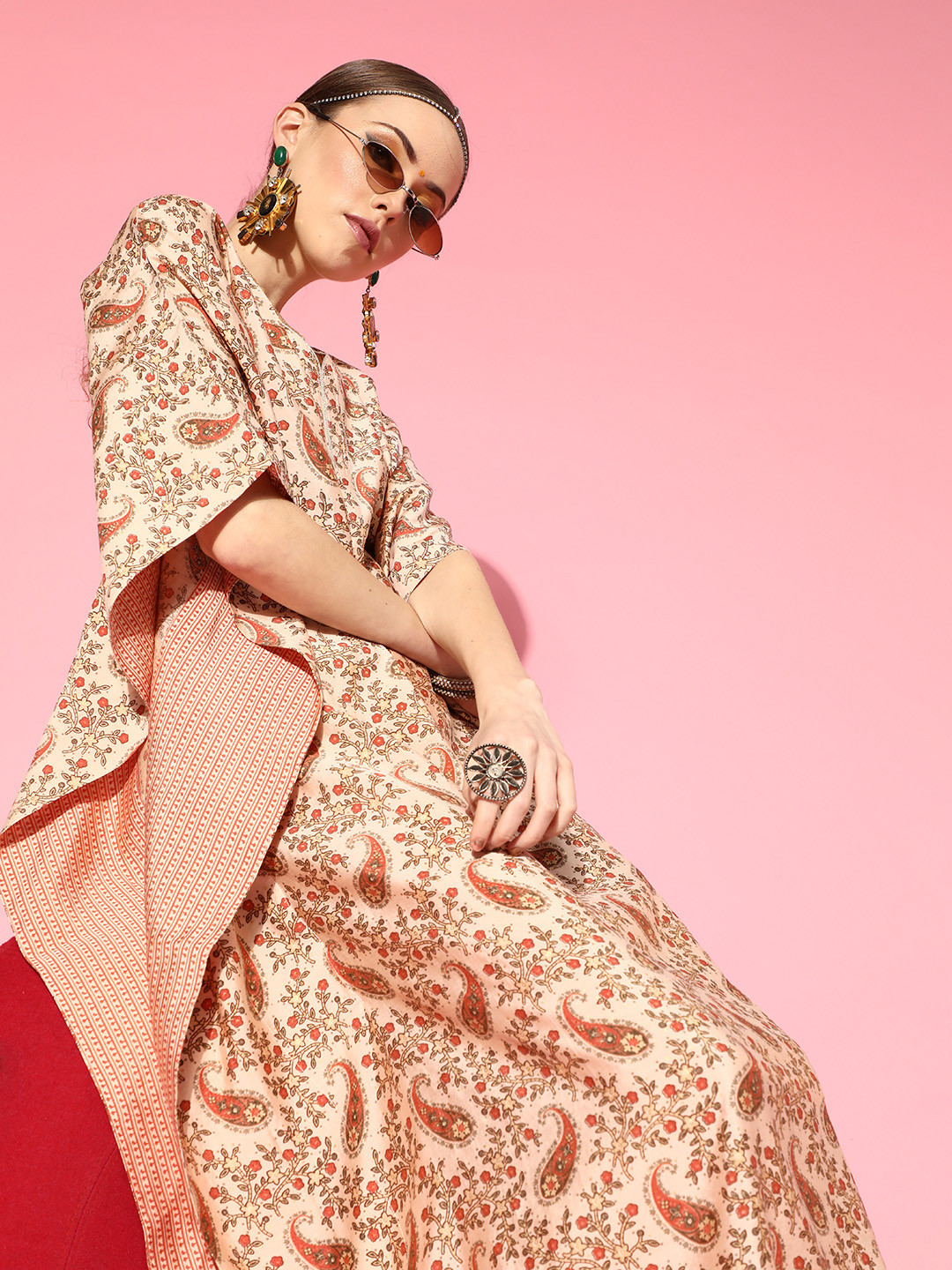 

Libas Women Beige Paisley Motifs New Age Kaftan Dress