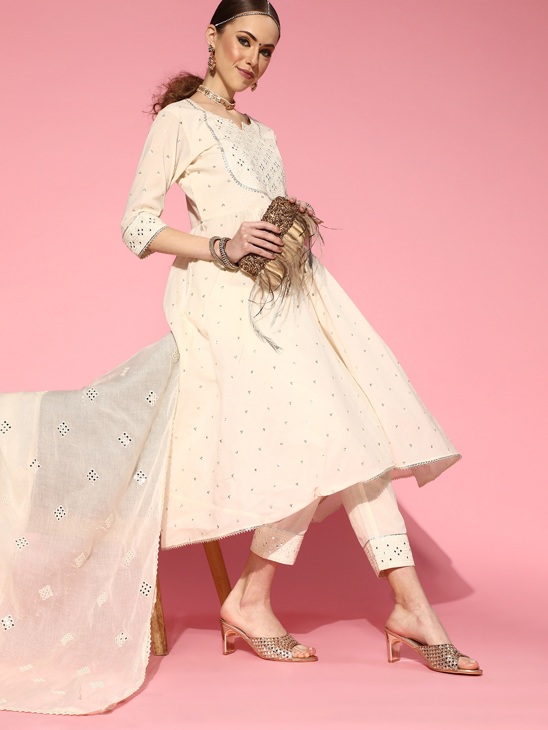

Libas Off-White Pure Cotton Calf Length Kurta Set