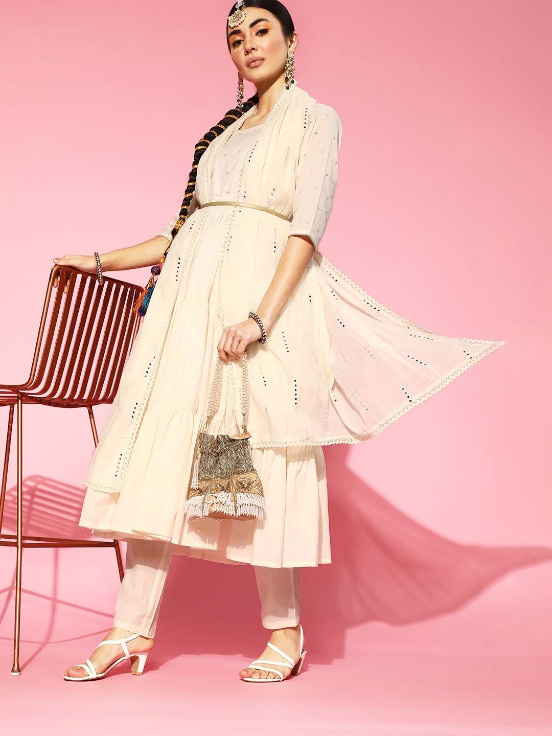 

Libas Cream Pure Cotton Calf Length Kurta Set