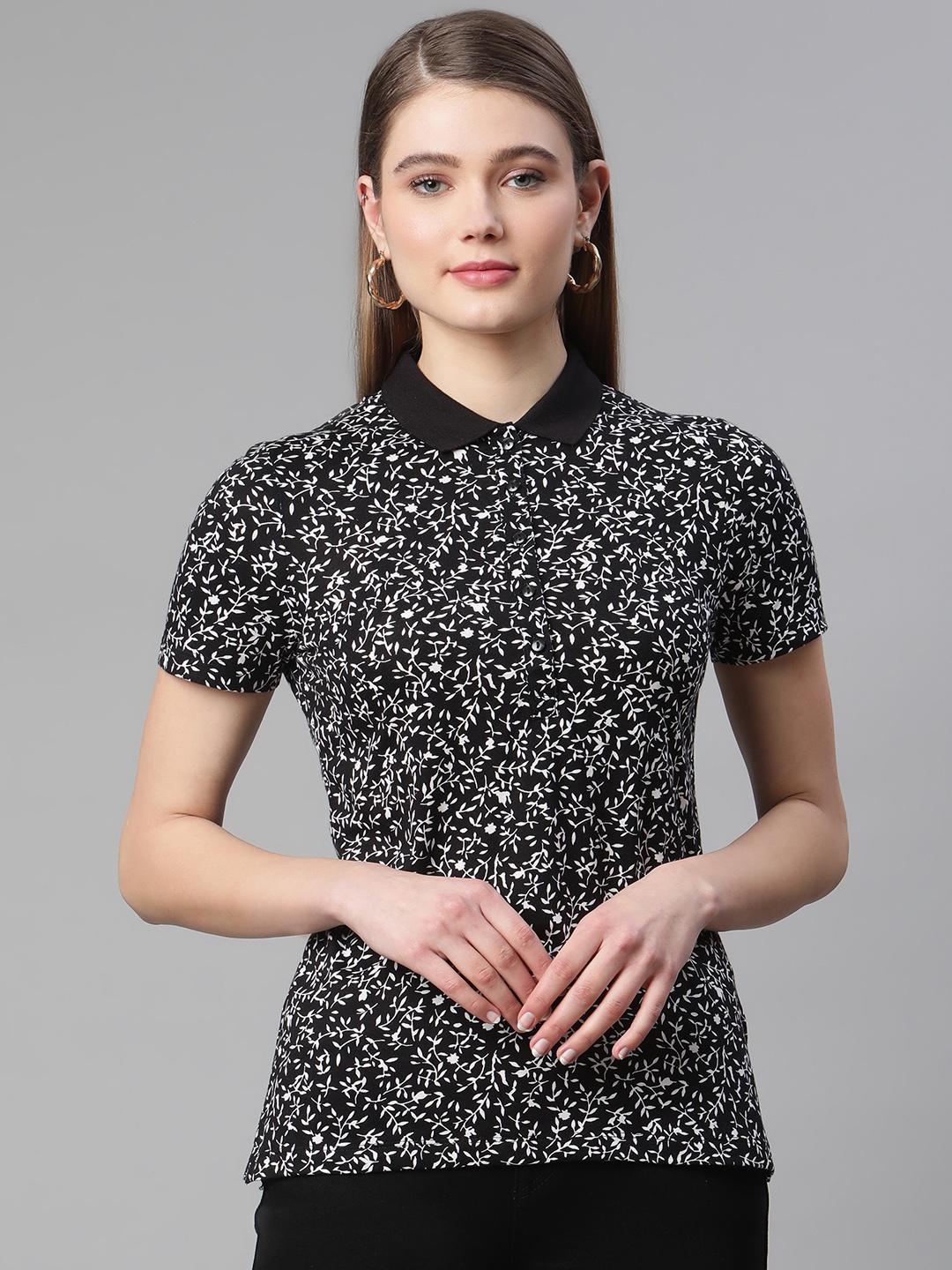 

Marks & Spencer Women Black & White Floral Printed Polo Collar Pure Cotton Tropical Tshirt