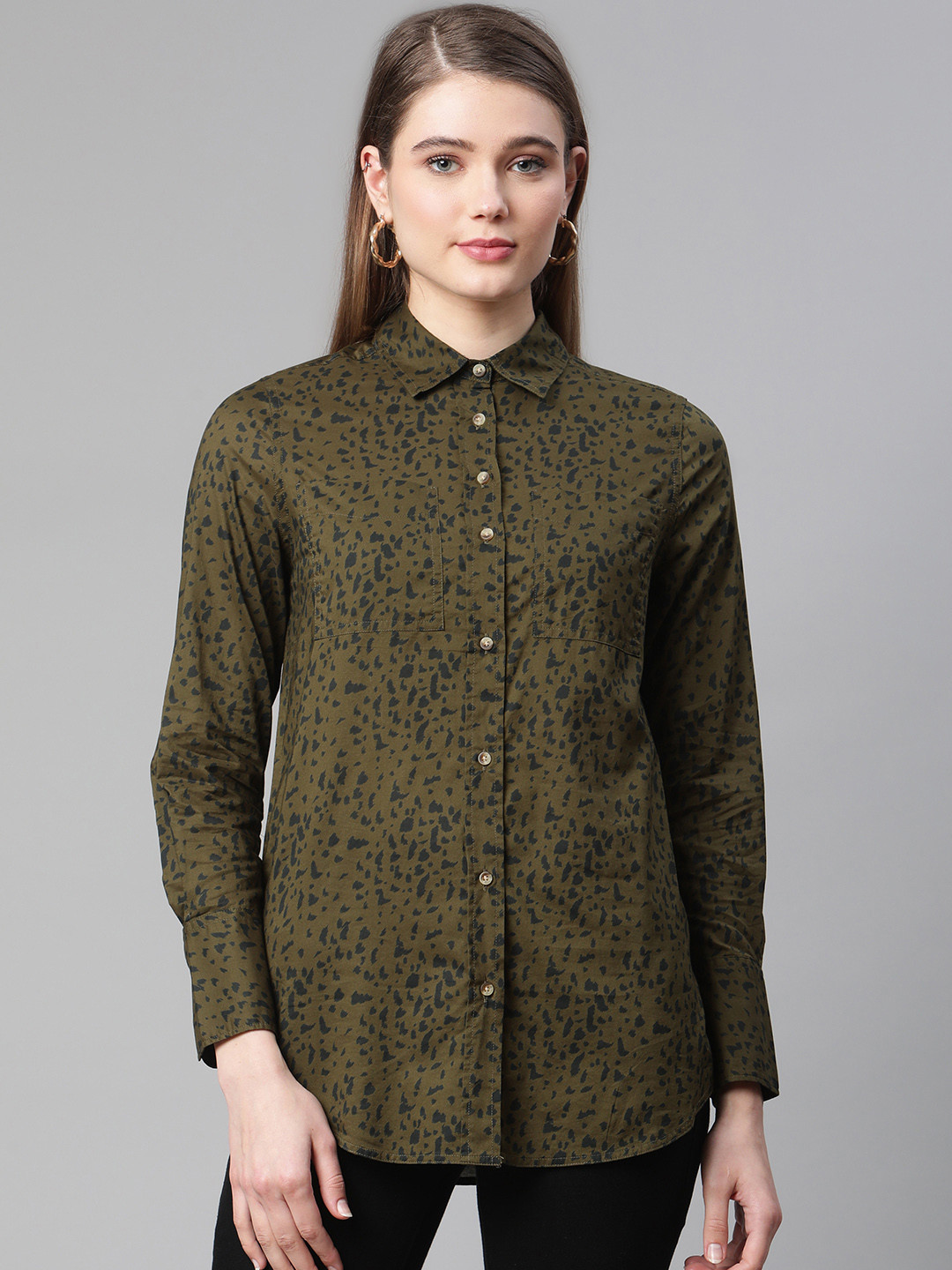 

Marks & Spencer Women Khaki Printed Pure Cotton Casual Shirt