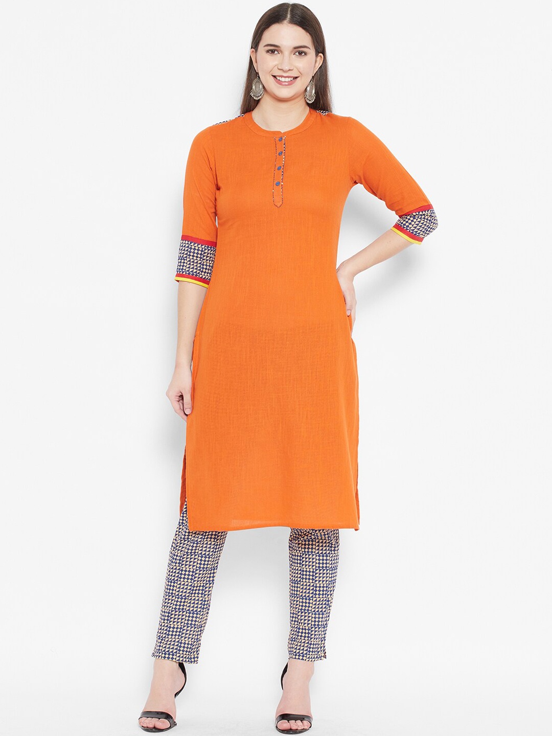 

DESI BEATS Women Orange Ethnic Motifs Pure Cotton Kurta with Trousers