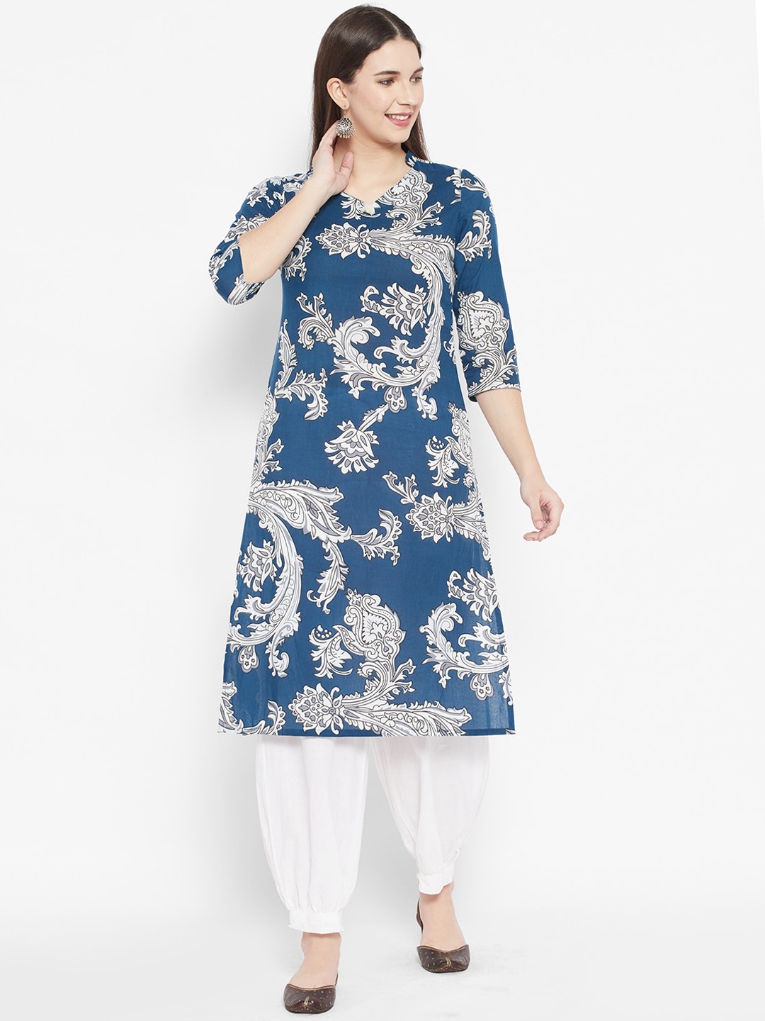 

DESI BEATS Women Navy Blue & White Ethnic Motifs Printed Pure Cotton Kurta with Patiala