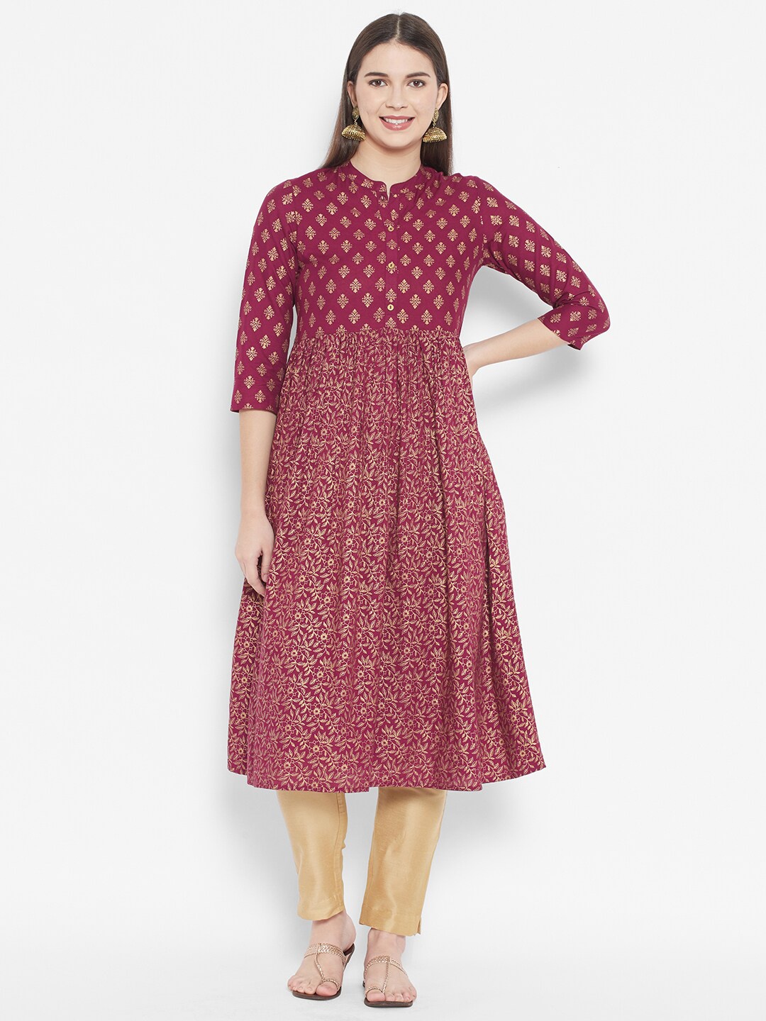 

DESI BEATS Women Magenta Ethnic Motifs Fit & Flare Cotton Midi Dress