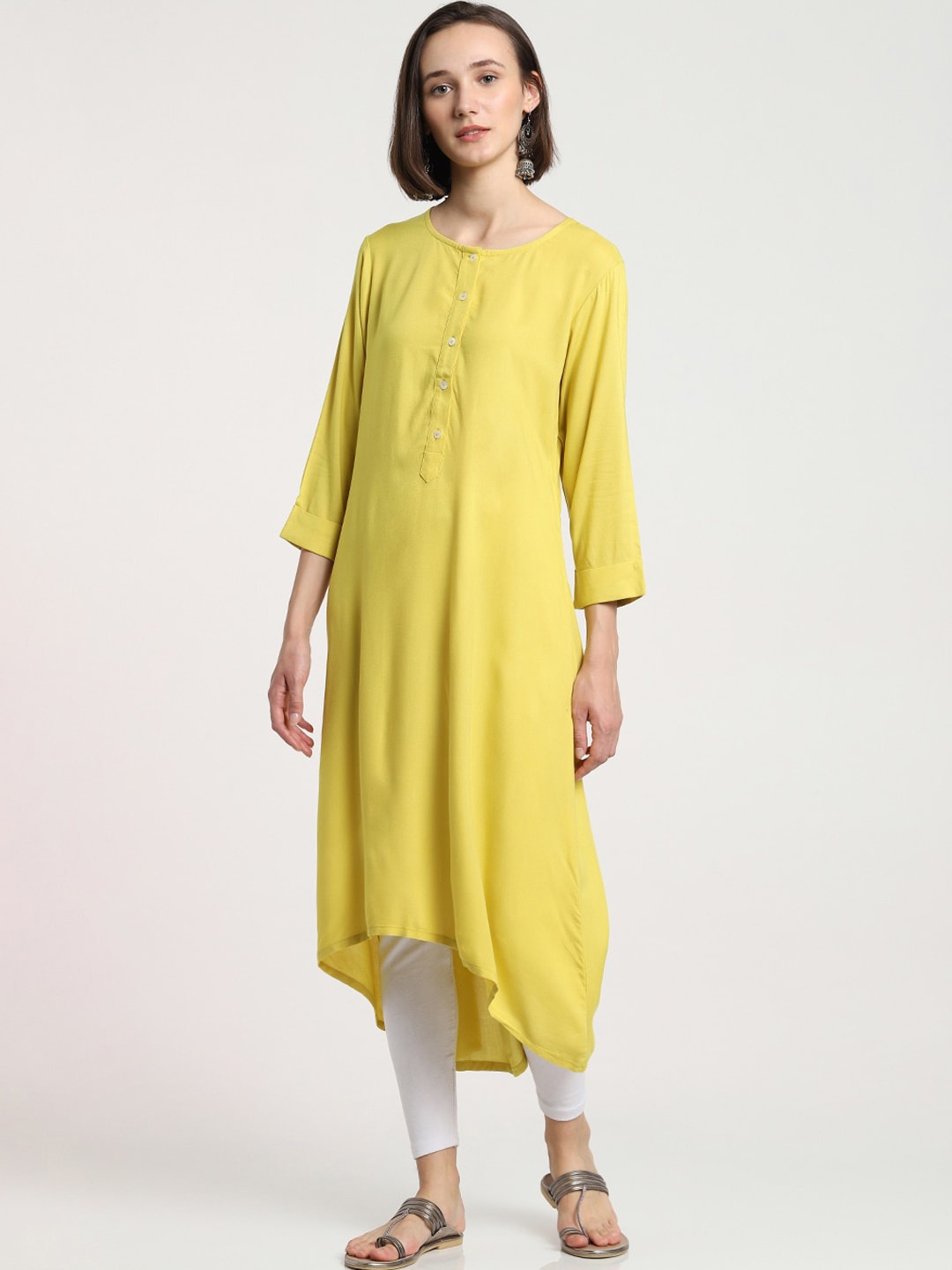 

Bewakoof Women Olive Green Solid Asymmetrical Hem Silk Kurta