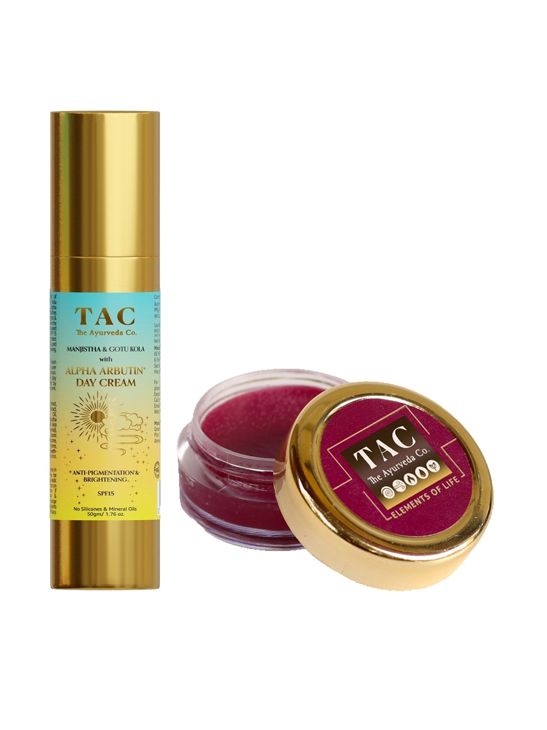 

TAC - The Ayurveda Co. Set of Alpha Arbutin Day Cream & Beetroot Lip Balm, Yellow