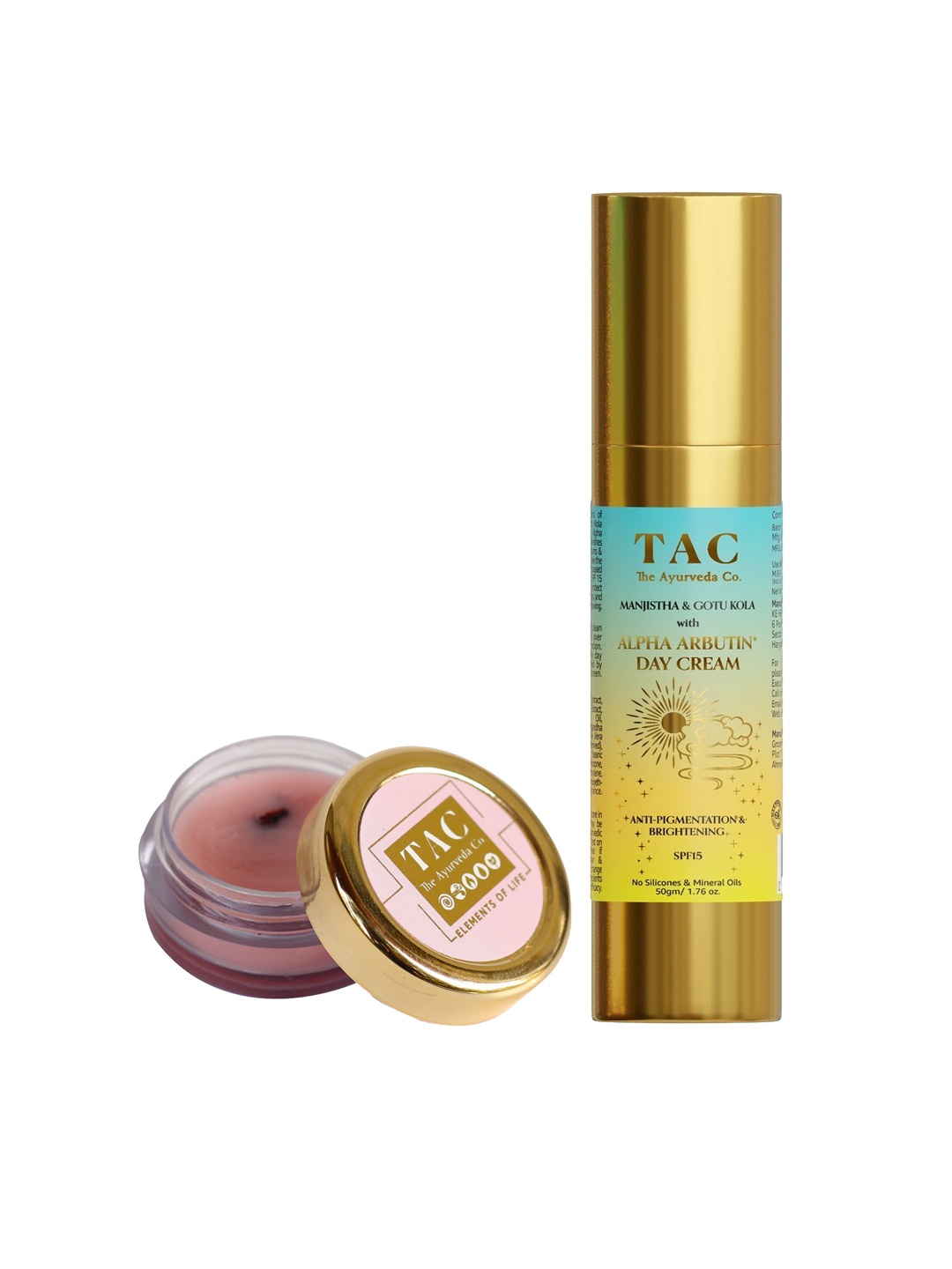 

TAC - The Ayurveda Co. Set of Alpha Arbutin Day Cream & Rose Petal Lip Balm, Pink
