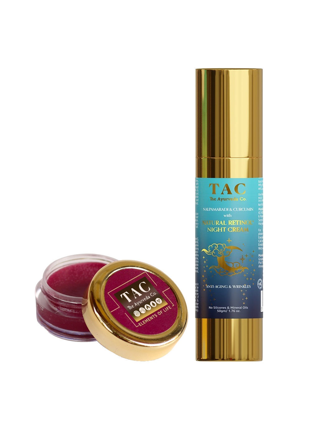 

TAC - The Ayurveda Co. Set of Natural Retinol Night Cream & Beetroot Lip Balm, Blue