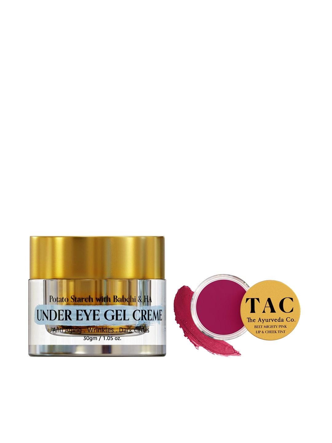 

TAC - The Ayurveda Co. Set of Under Eye Gel Cream & Beet Mighty Pink Lip Tint, White
