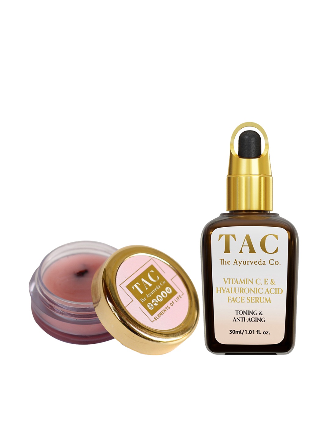 

TAC - The Ayurveda Co. Set of Toning Hyaluronic Acid Face Serum & Indian Rose Lip Butter, Brown