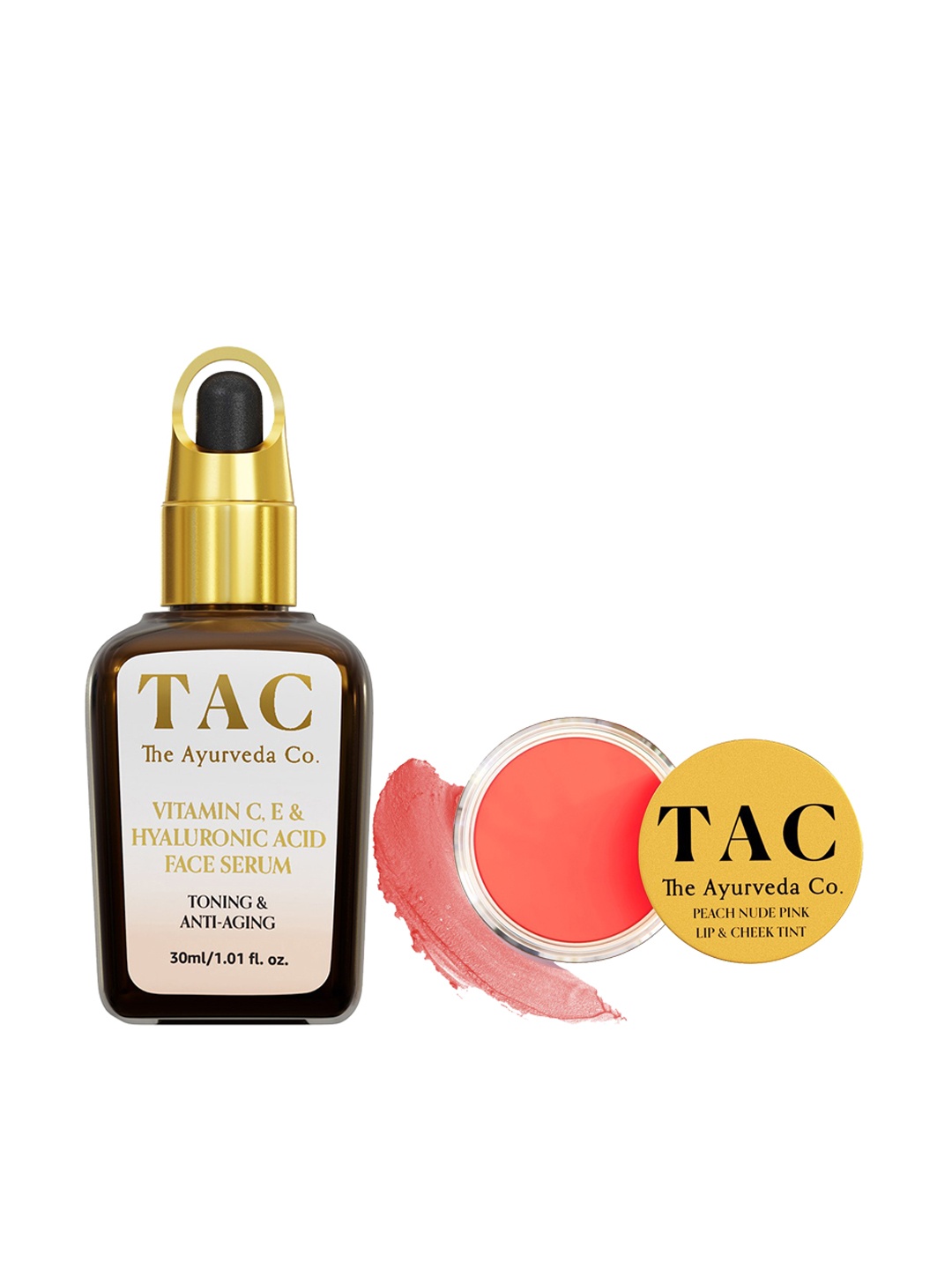 

TAC - The Ayurveda Co. Set of Hyaluronic Acid Face Serum & Lip Cheek Tint- Peach Nude Pink, Brown