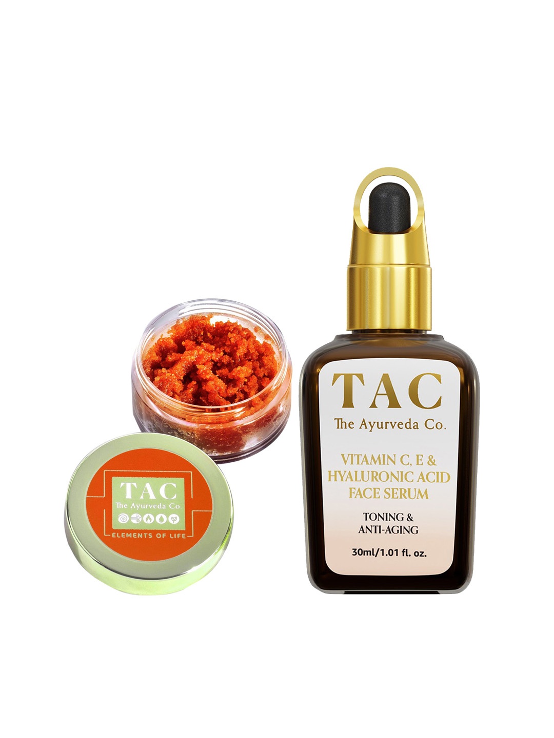 

TAC - The Ayurveda Co. Set of Toning Hyaluronic Acid Face Serum & Orange Lip Scrub, White